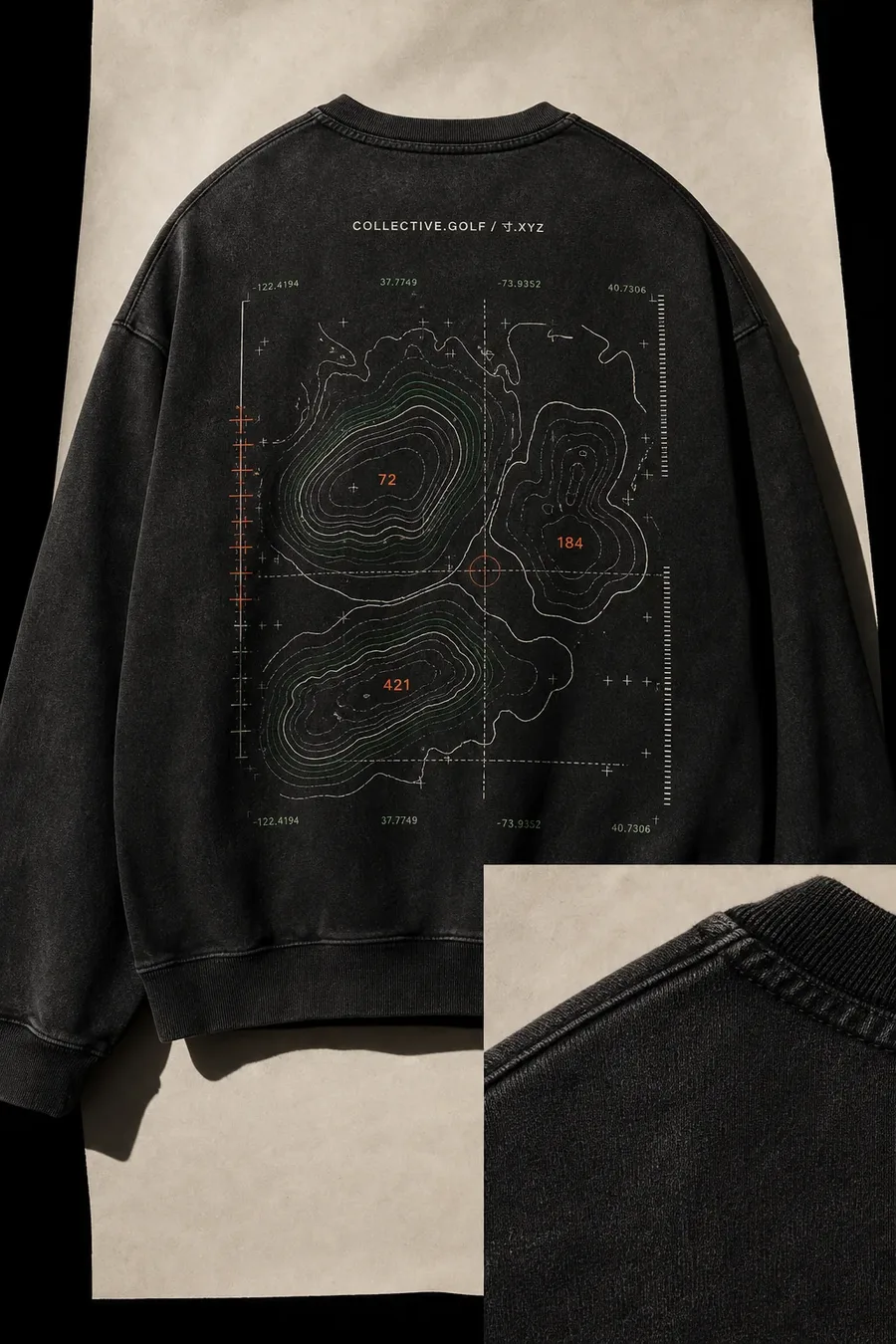 BIG GOLF crew in washed black, back print of course contours and yardage notation